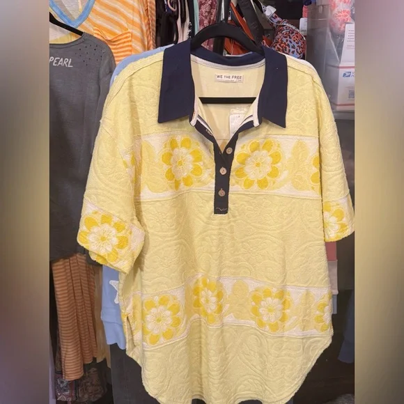 NWT Free People We The Free Always Sunny Tee - yellow combo - large - Picture 7 of 9